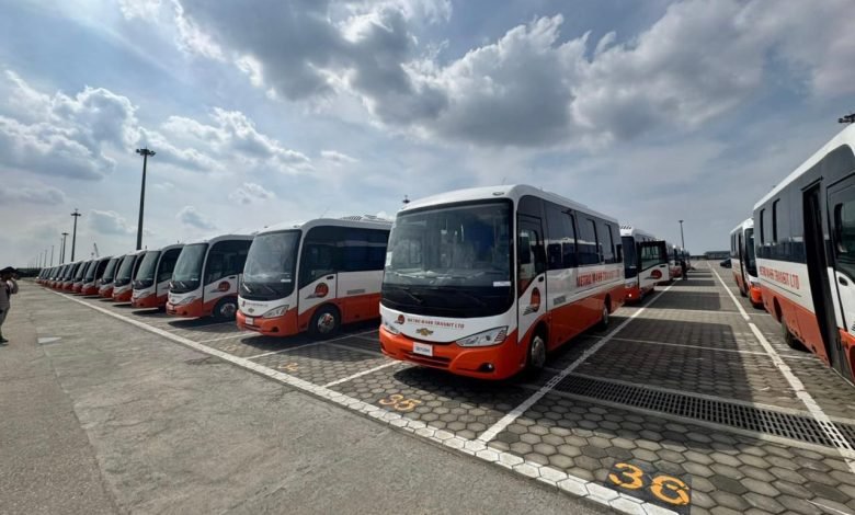المنصور-للسيارات-تُصدر-100-حافلة-إلى-غانا-في-أول-عملية-تصدير-من-ميناء-شرق-بورسعيد-إلى-العالم